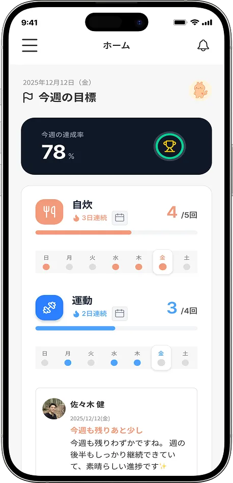 ハビタスホーム画面：目標と達成率の確認